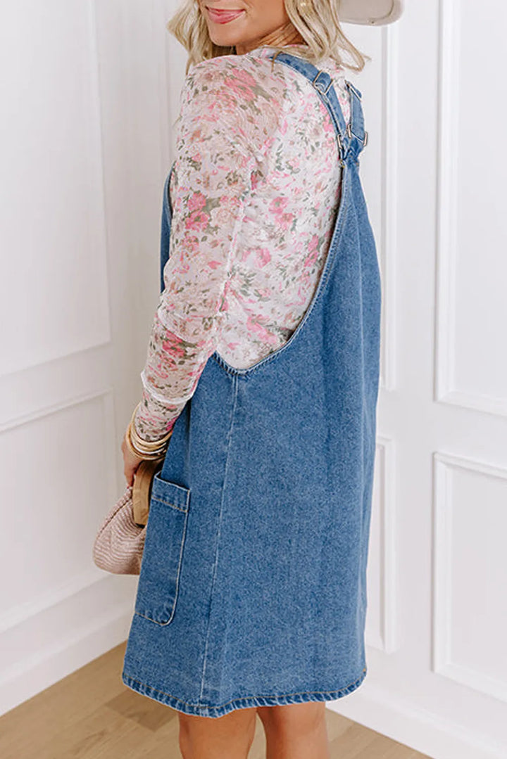 Square Neck Wide Strap Denim Overall Dress 