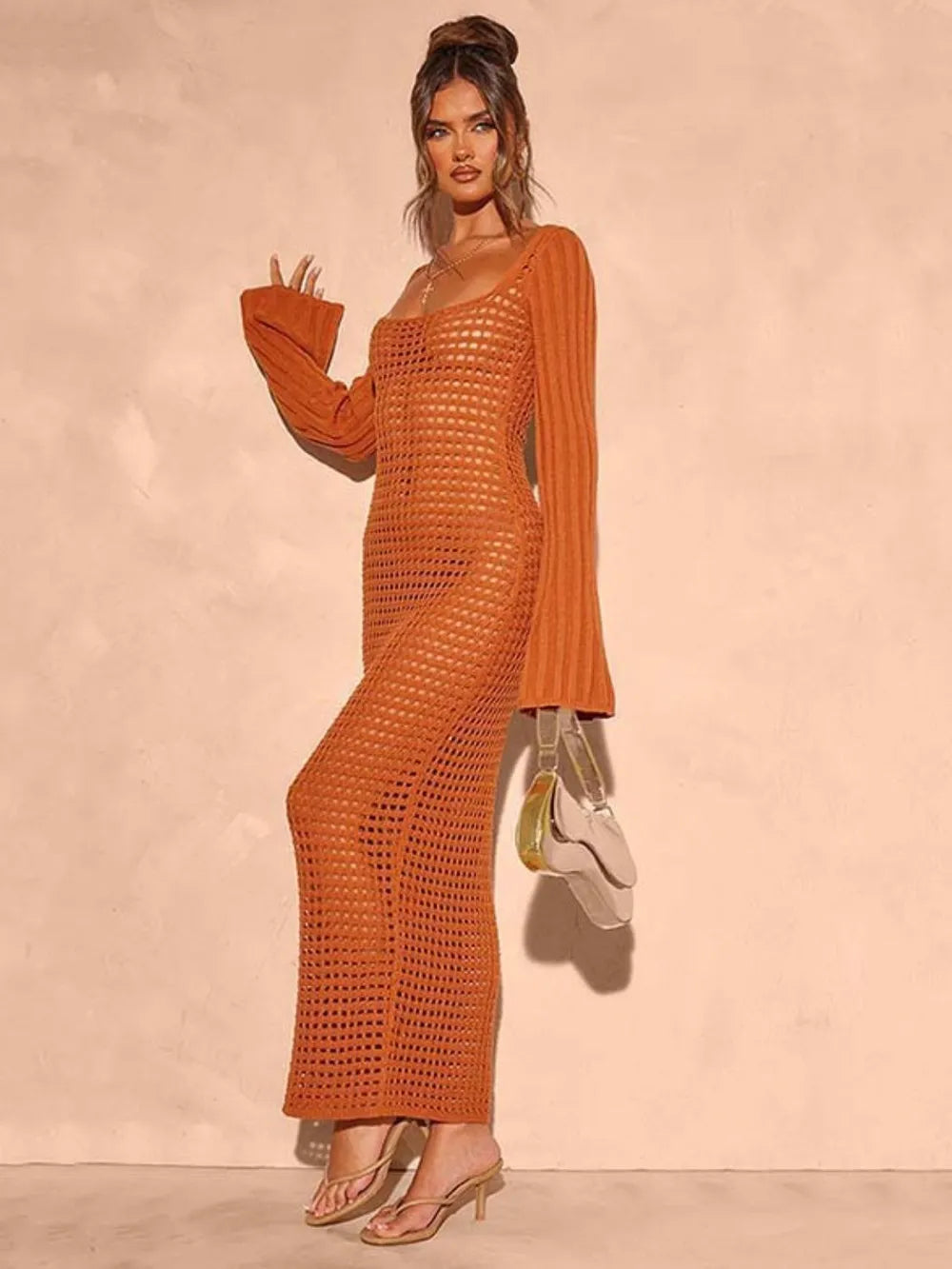 Openwork Square Neck Flare Sleeve Cover-Up Dress 