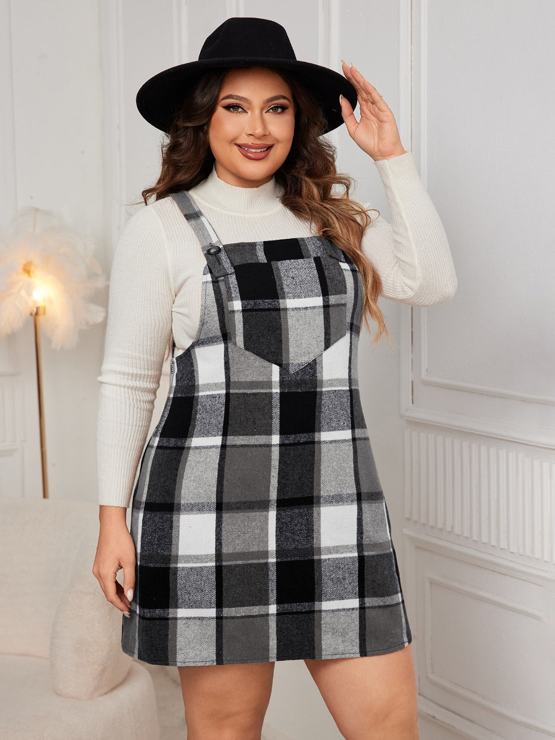 Honey Plus Size Plaid Wide Strap Overall Dress 