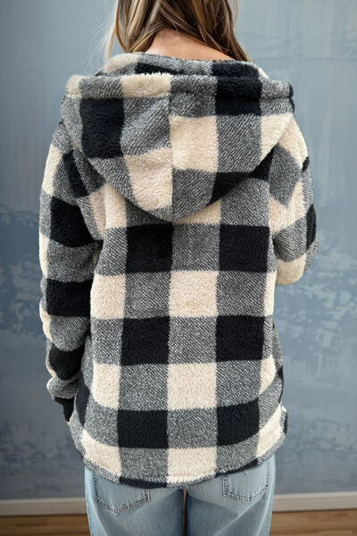 Double Take Full Size Plaid Long Sleeve Hooded Coat 
