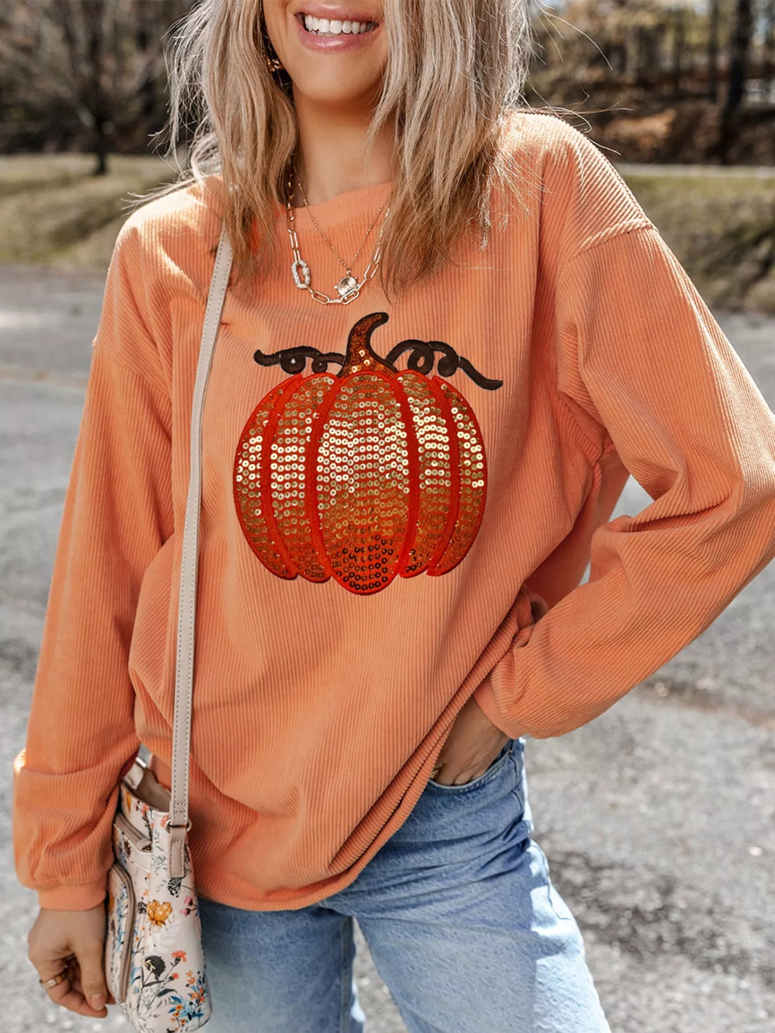 Halloween Sequined Pumpkin Ribbed Round Neck Sweatshirt 