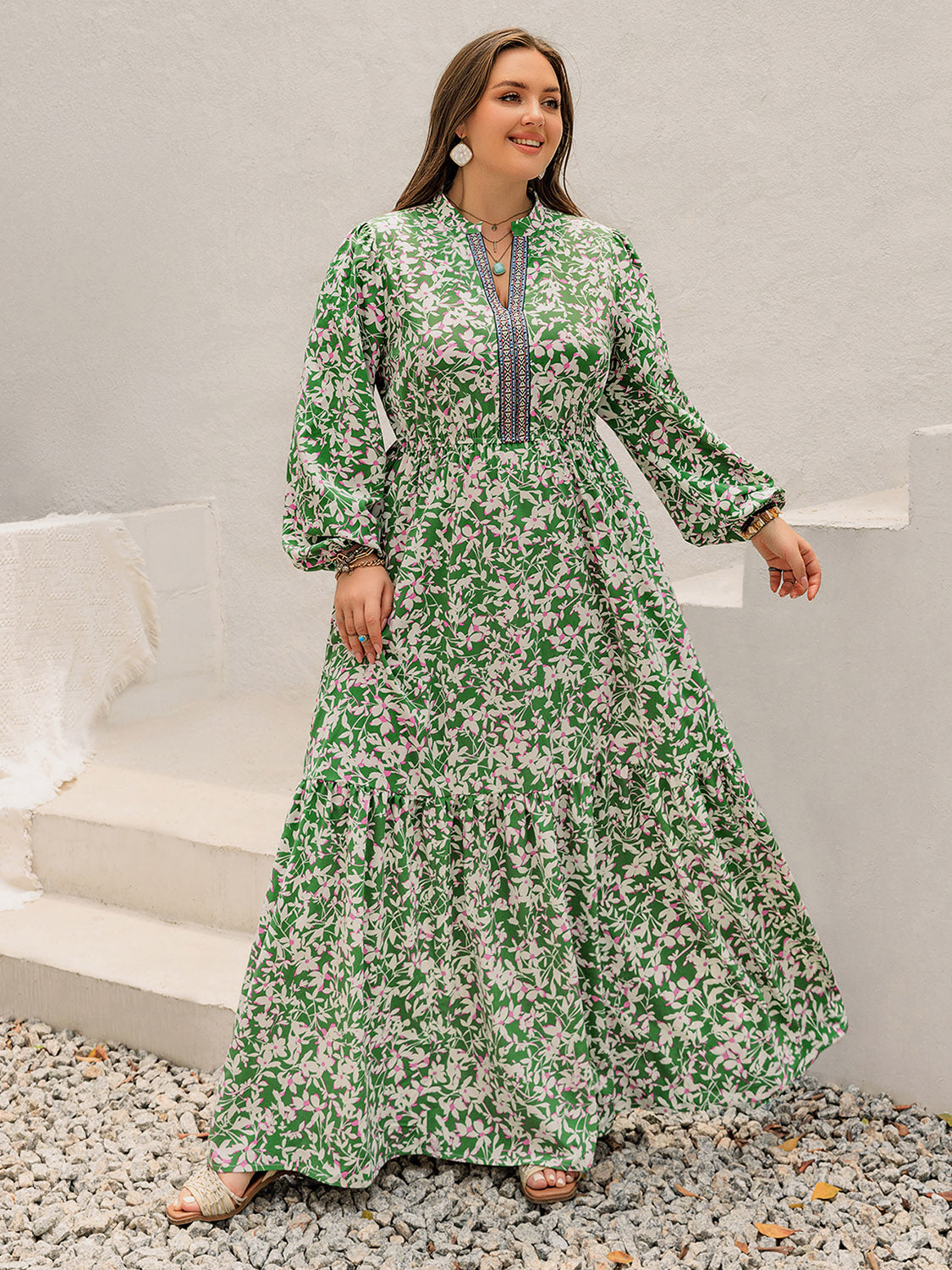 Plus Size Printed Notched Long Sleeve Maxi Dress 