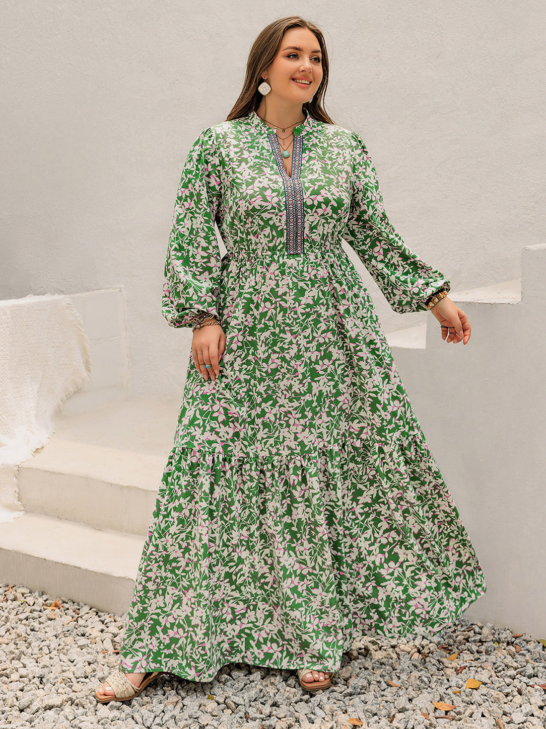 Plus Size Printed Notched Long Sleeve Maxi Dress 