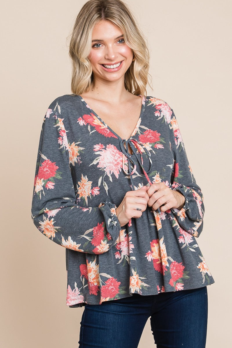 Super Lady Full Size Babydoll Floral Long Sleeve Blouse 
