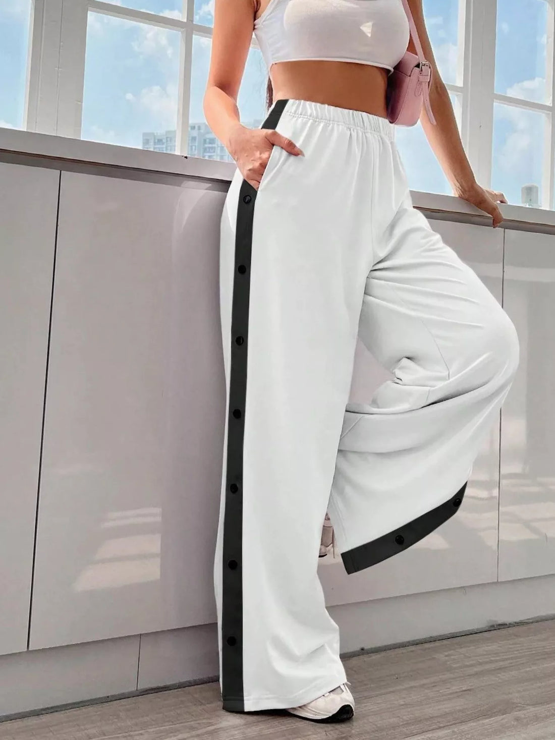 Two-Tone Side Snap Wide Leg Pants 