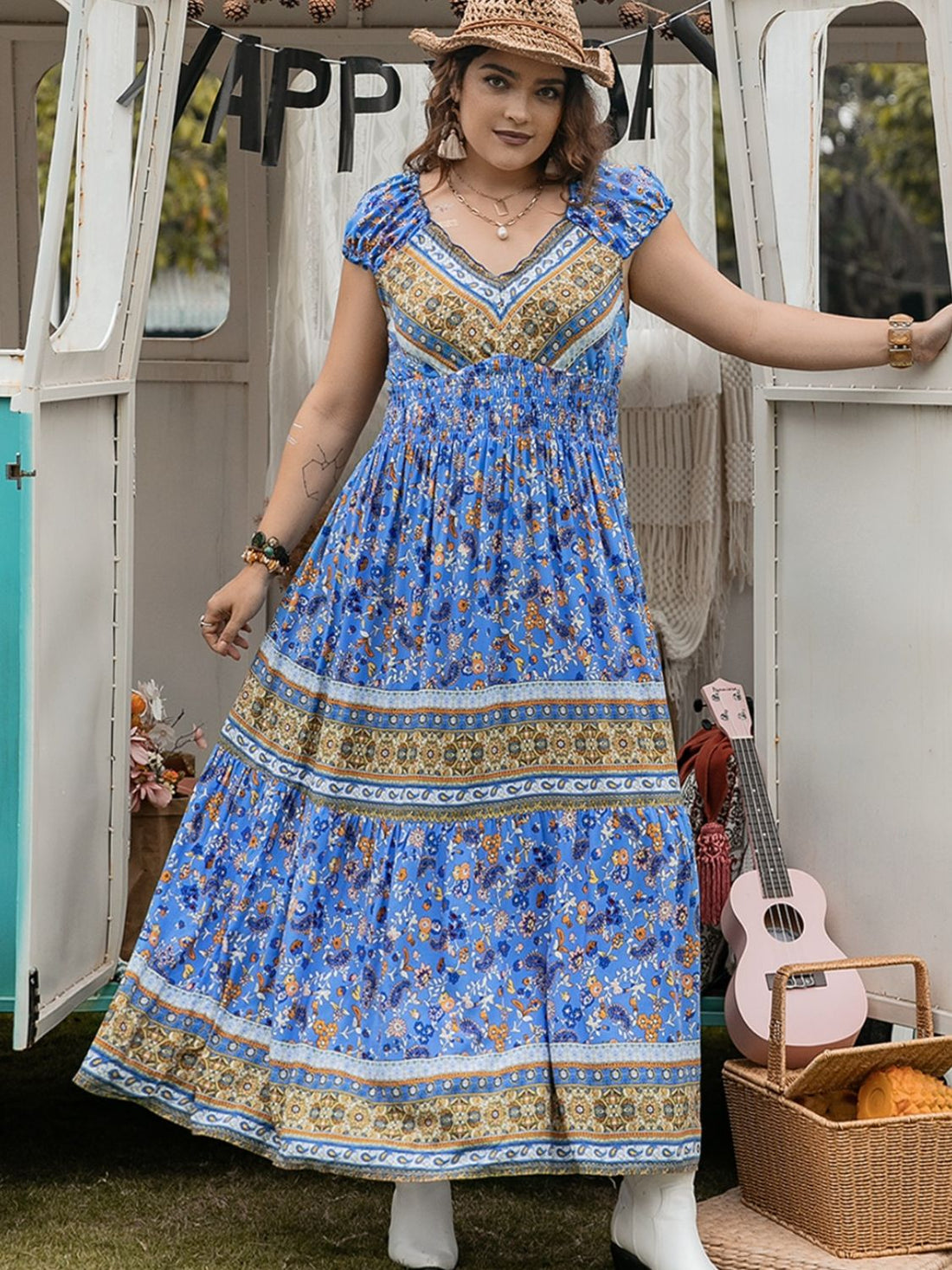 Plus Size Smocked Printed Cap Sleeve Dress 