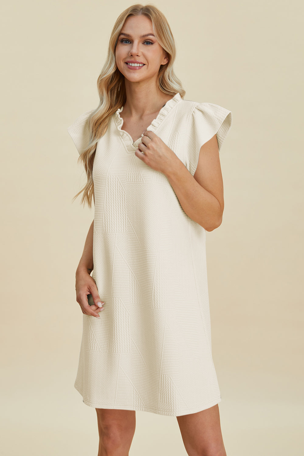 Double Take Full Size Ruffled V-Neck Cap Sleeve Dress 