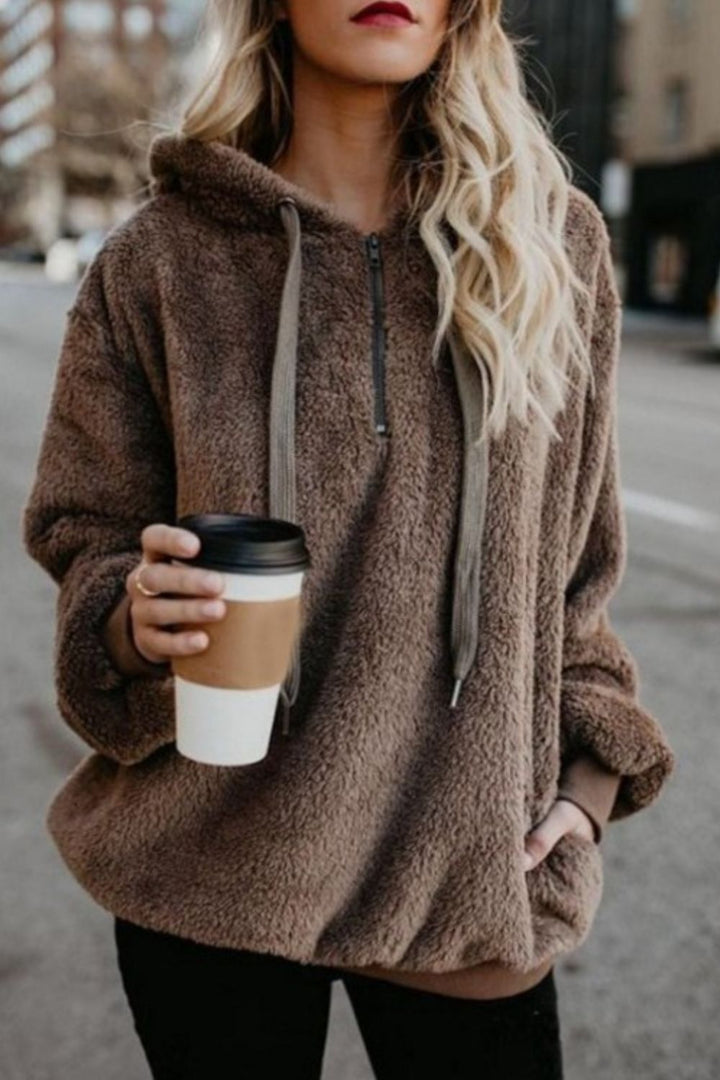 Full Size Quarter-Zip Drawstring Teddy Hoodie 