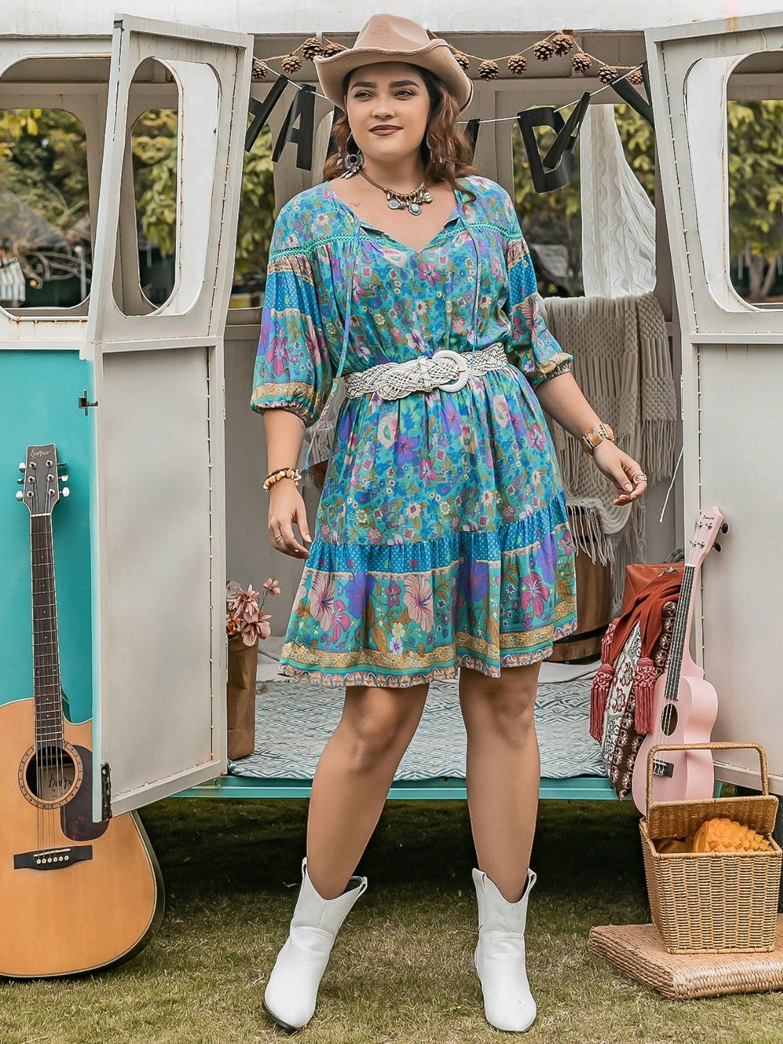 Plus Size Printed Tie Neck Mini Dress 