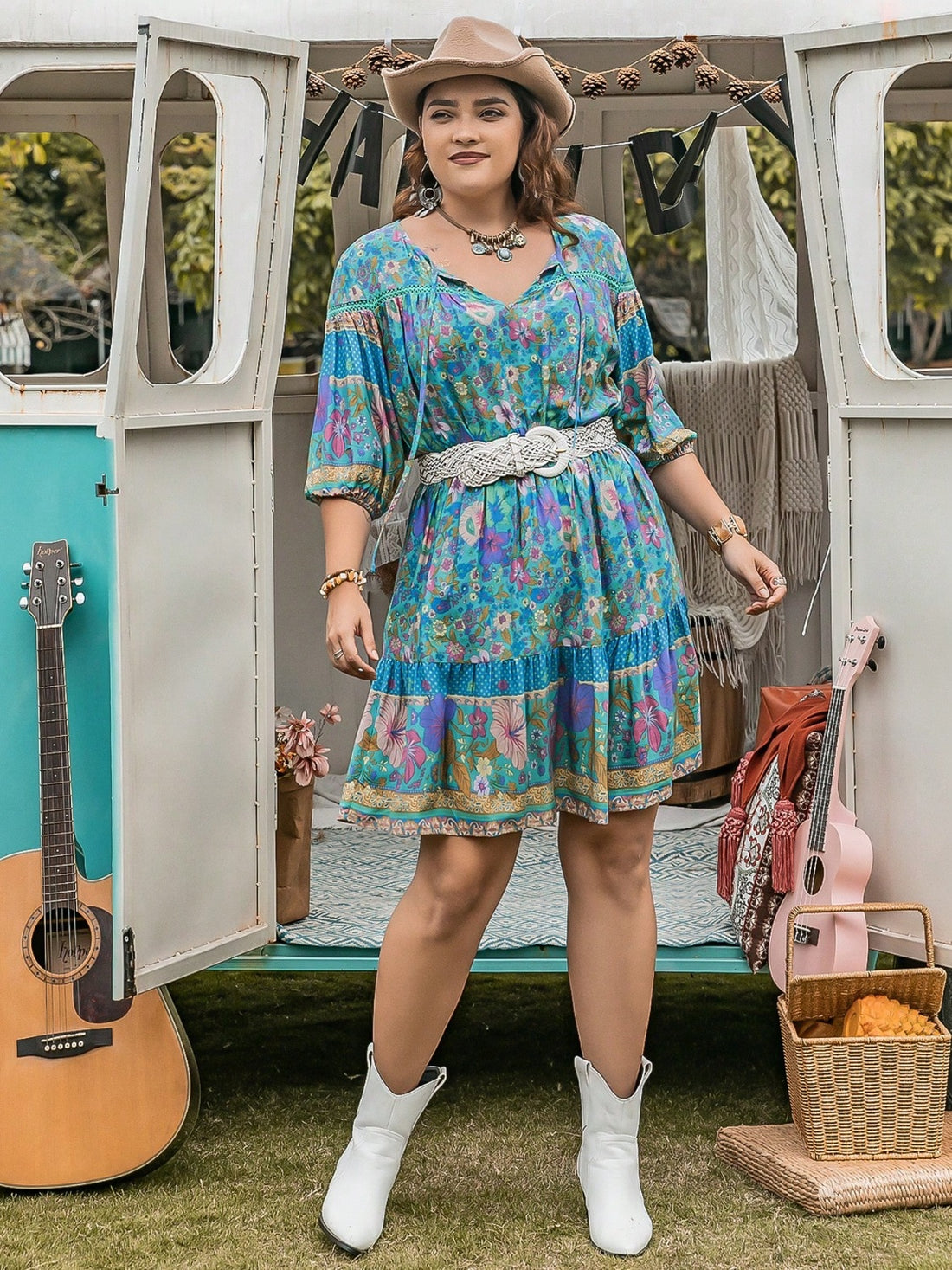 Plus Size Printed Tie Neck Mini Dress 