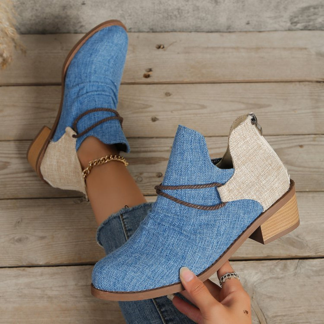 Contrast Canvas Low Heel Boots 