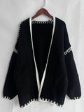 Double Take Contrast Open Front Dropped Shoulder Cardigan 