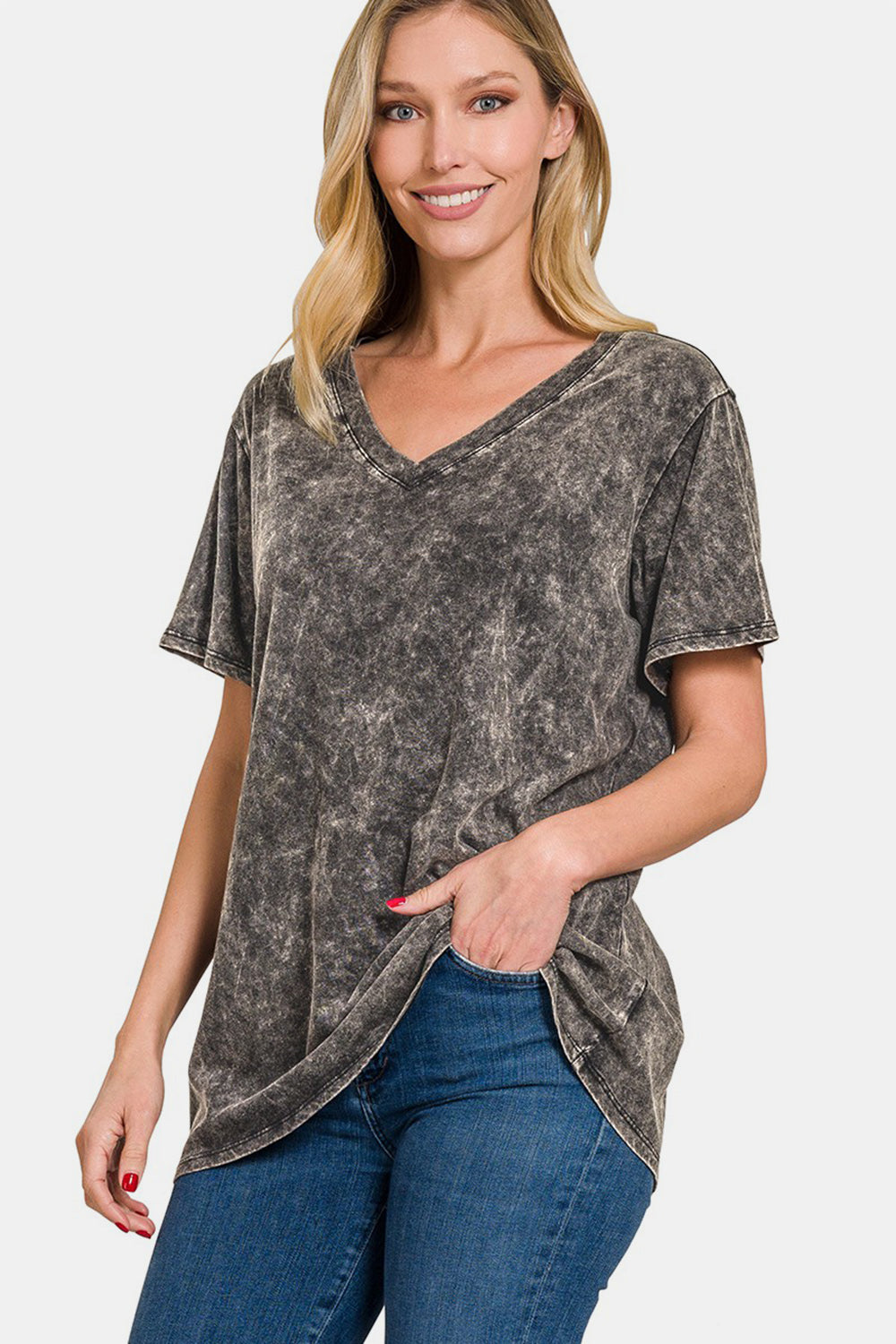 Zenana Full Size Washed Short Sleeve V-Neck T-Shirt 