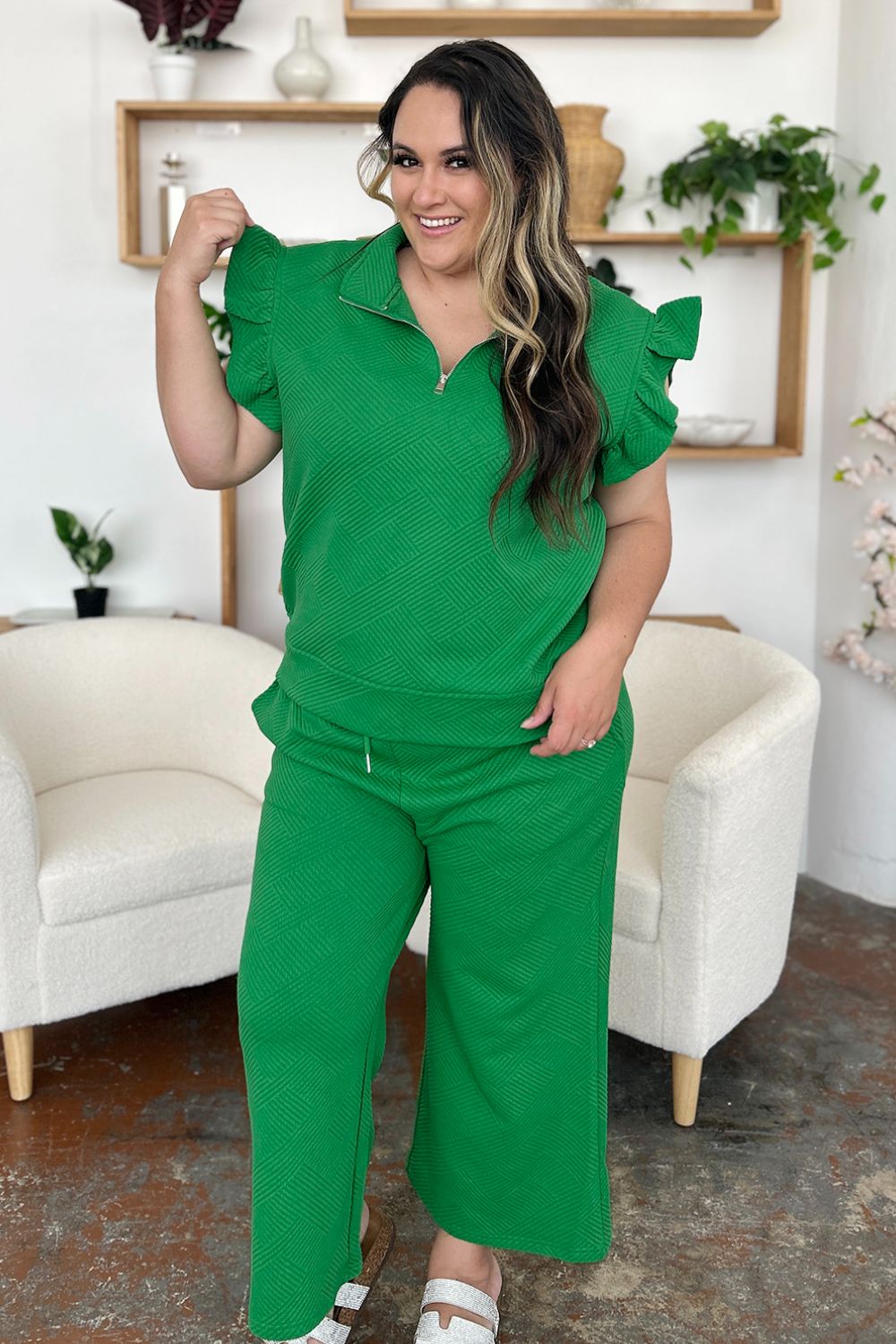 Double Take Texture Ruffle Short Sleeve Top and Drawstring Wide Leg Pants Set 