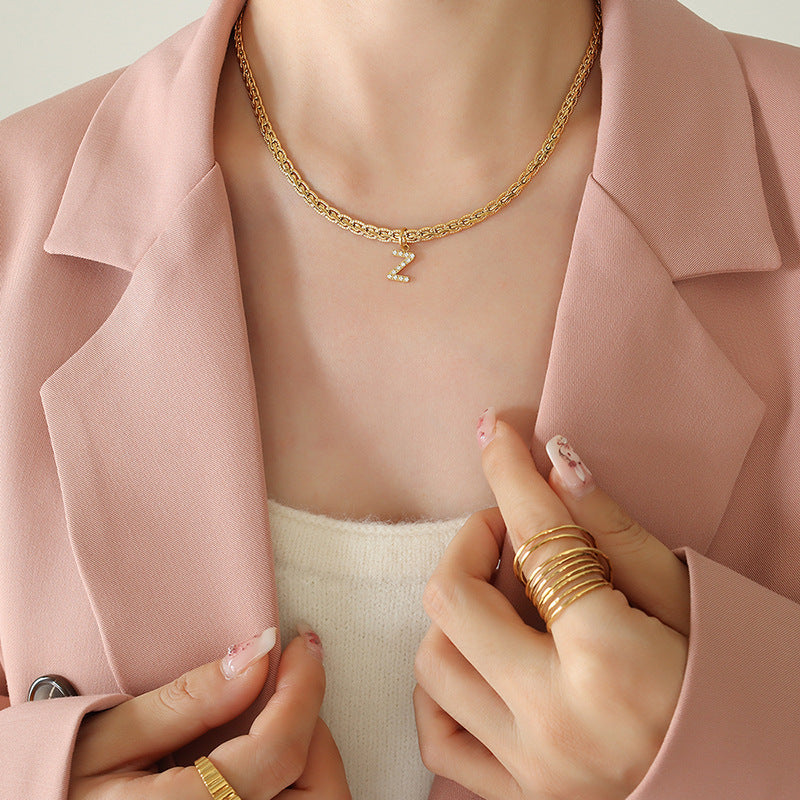 Brass Inlaid Zircon Letter Pendant Necklace 