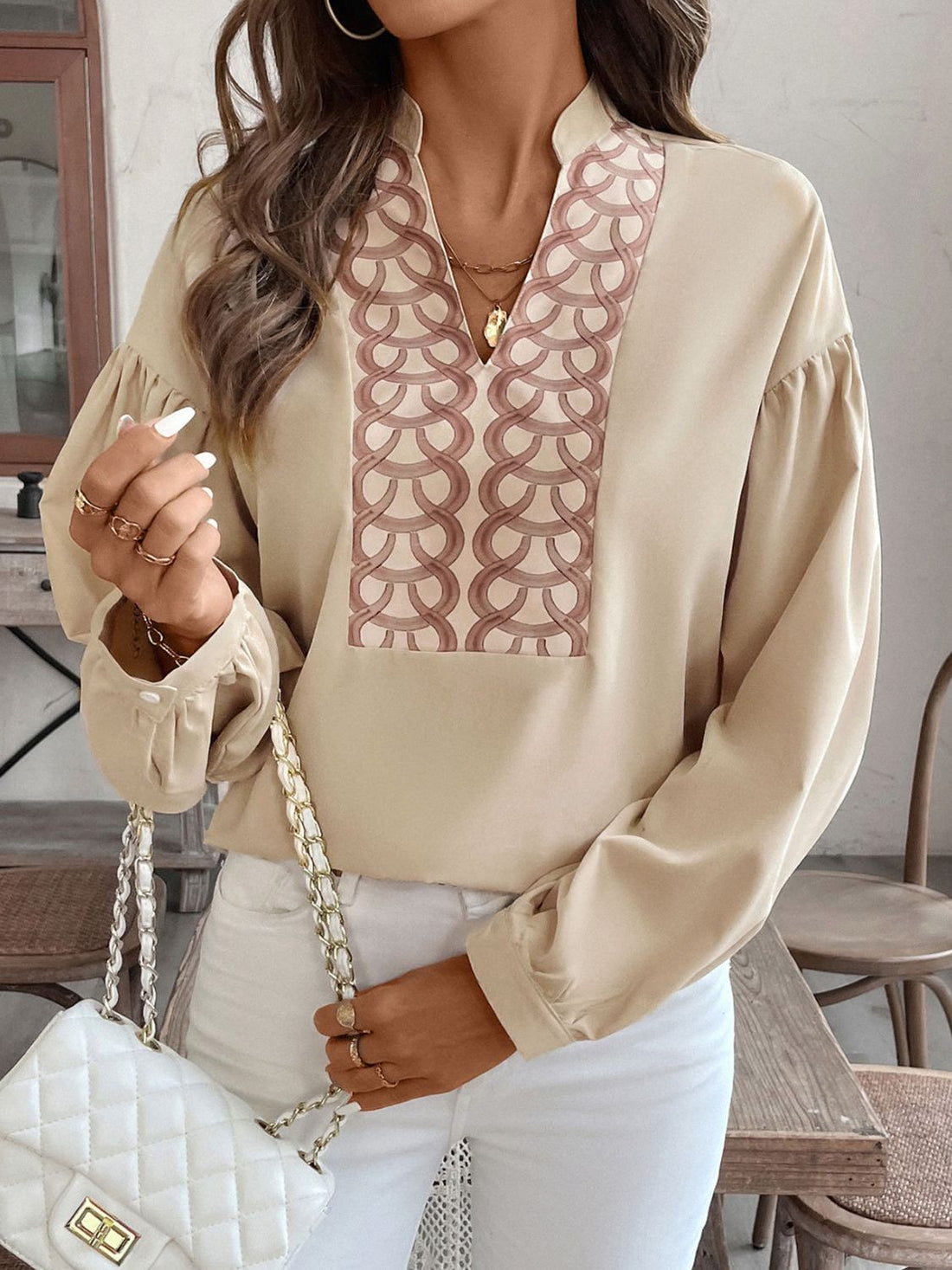 Perfee Printed Notched Long Sleeve Blouse 