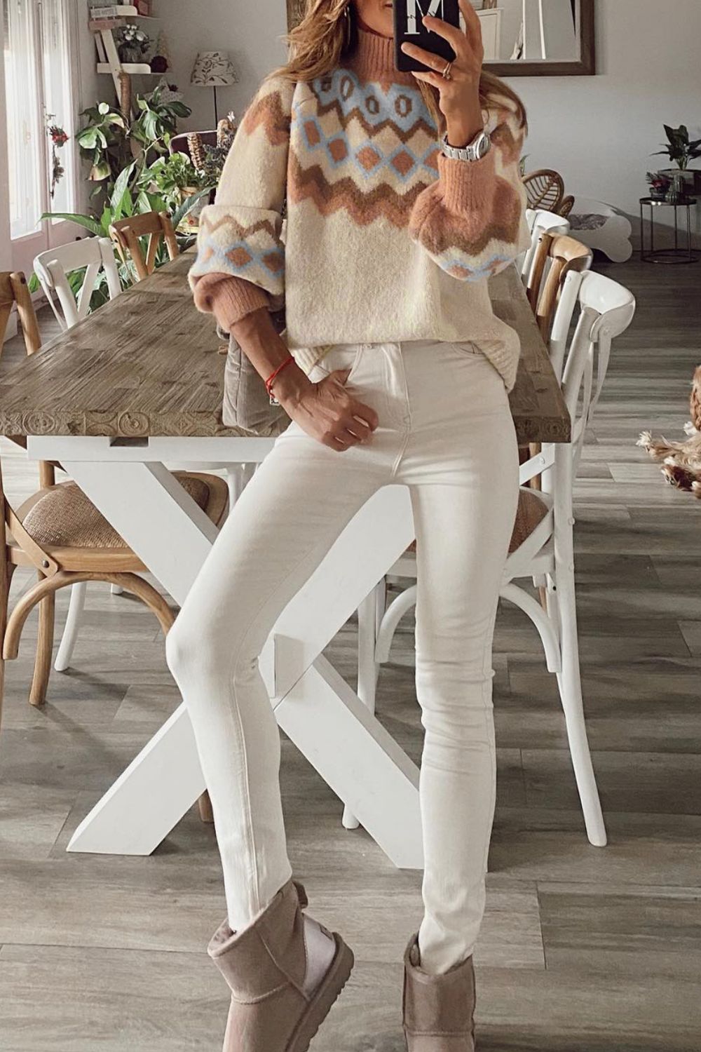 Geometric Mock Neck Long Sleeve Sweater 