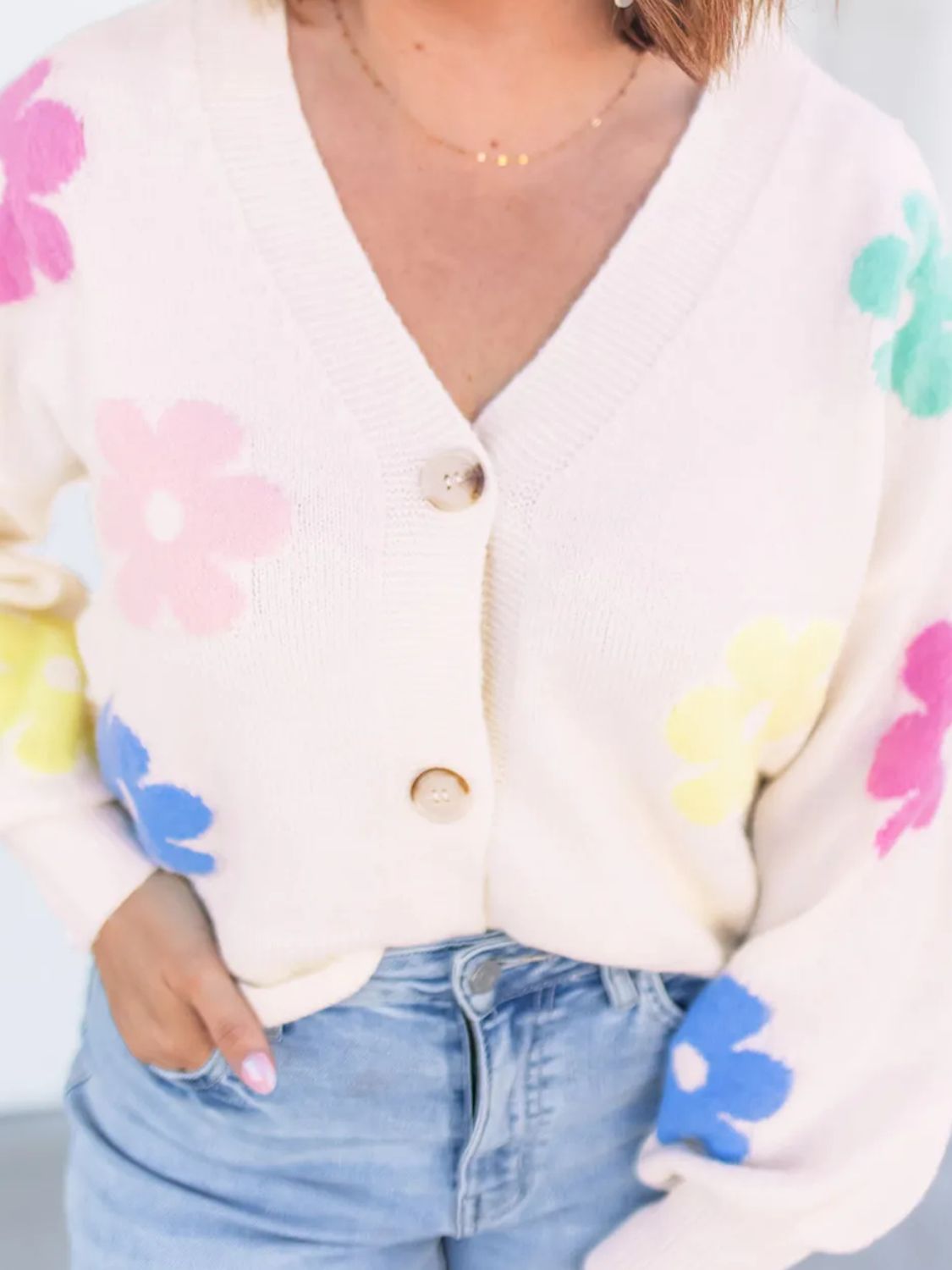 Plus Size Flower Button Up Long Sleeve Cardigan 