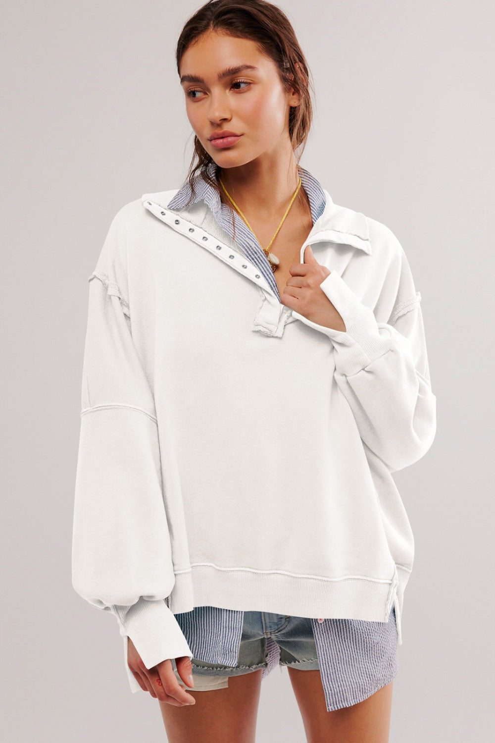 Exposed Seam Side Slit Long Sleeve Sweatshirt 