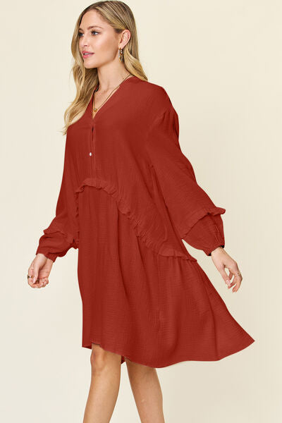 Double Take Full Size Texture Half Button Ruffle Trim Dress Dresses