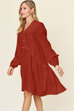 Double Take Full Size Texture Half Button Ruffle Trim Dress Dresses