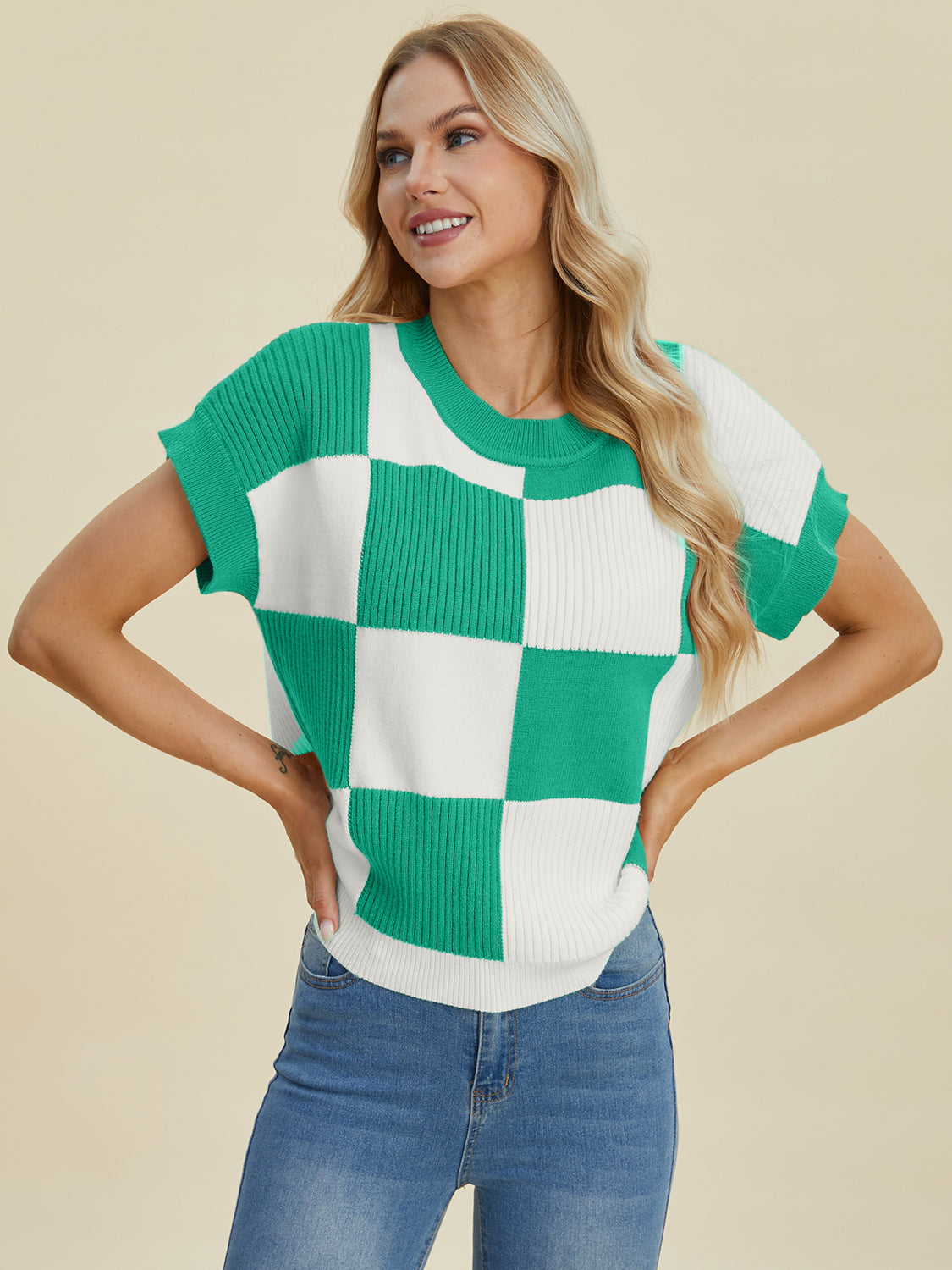 Double Take Full Size Checkered Round Neck Short Sleeve Sweater 
