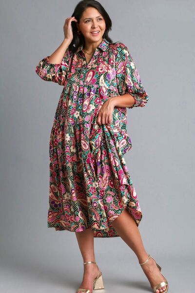 Umgee Full Size Paisley Print Satin Tiered Midi Dress Plus Size Dresses