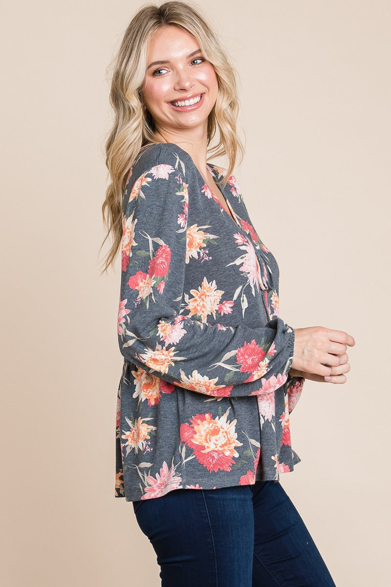 Super Lady Full Size Babydoll Floral Long Sleeve Blouse 