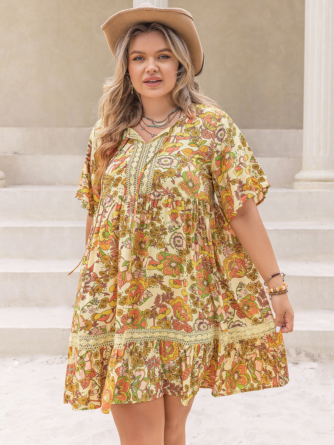 Plus Size Printed Tie Neck Short Sleeve Mini Dress 