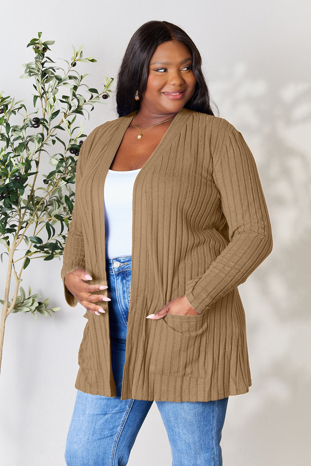 Basic Bae Full Size Ribbed Open Front Cardigan with Pockets 