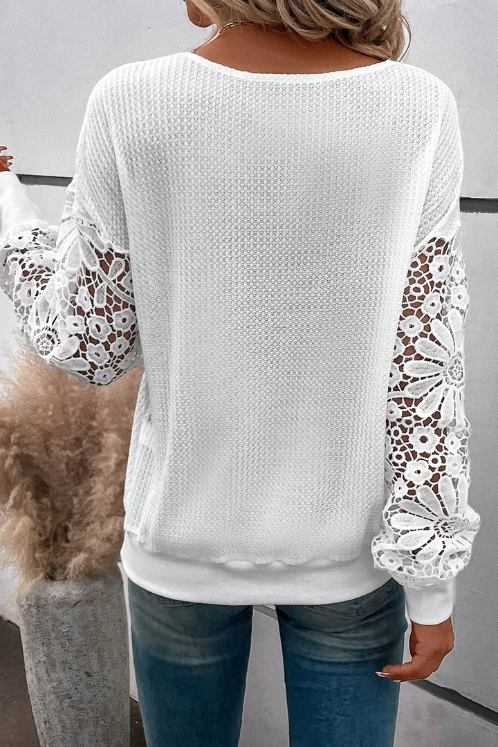 Plus Size Waffle-Knit Crochet V-Neck Blouse 