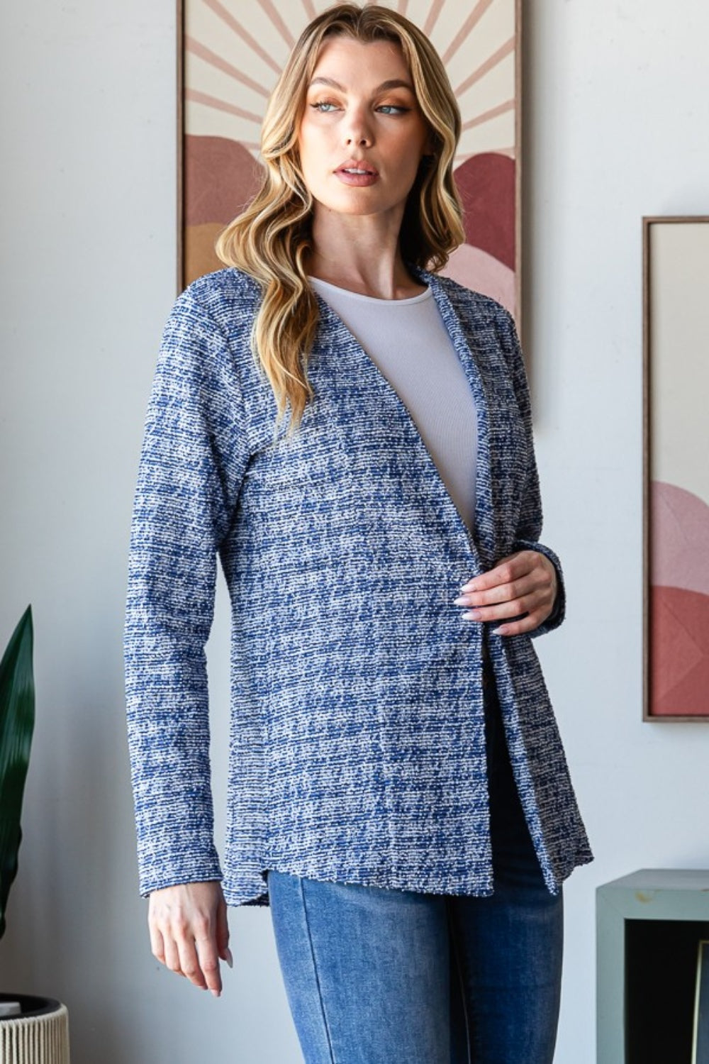 Heimish Full Size Houndstooth Tweed Open Front Blazer 