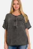 Zenana Washed Texture Half Button T-Shirt 