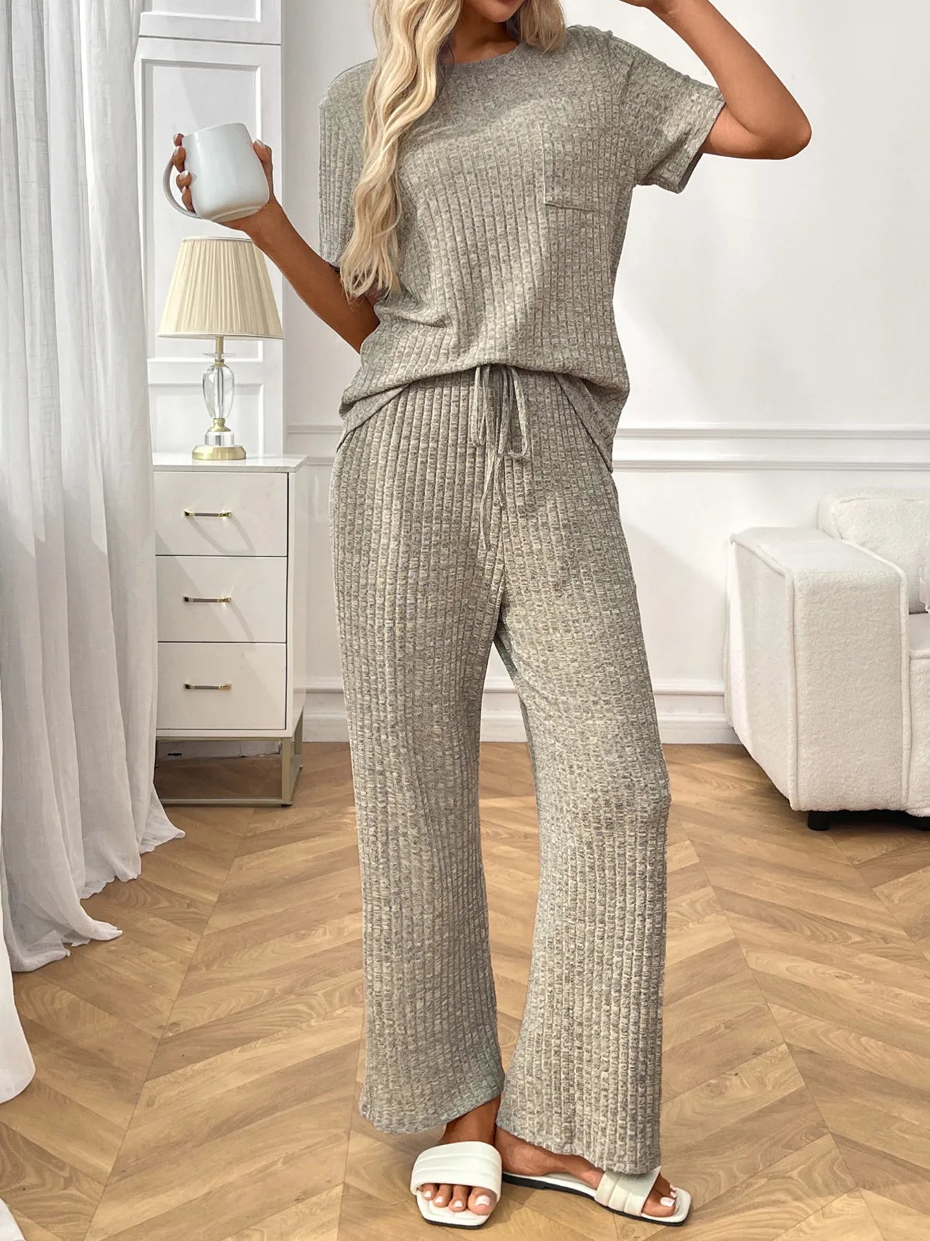 Ribbed Knit Short Sleeve Top and Pants Lounge Set Lingerie & Nightwear