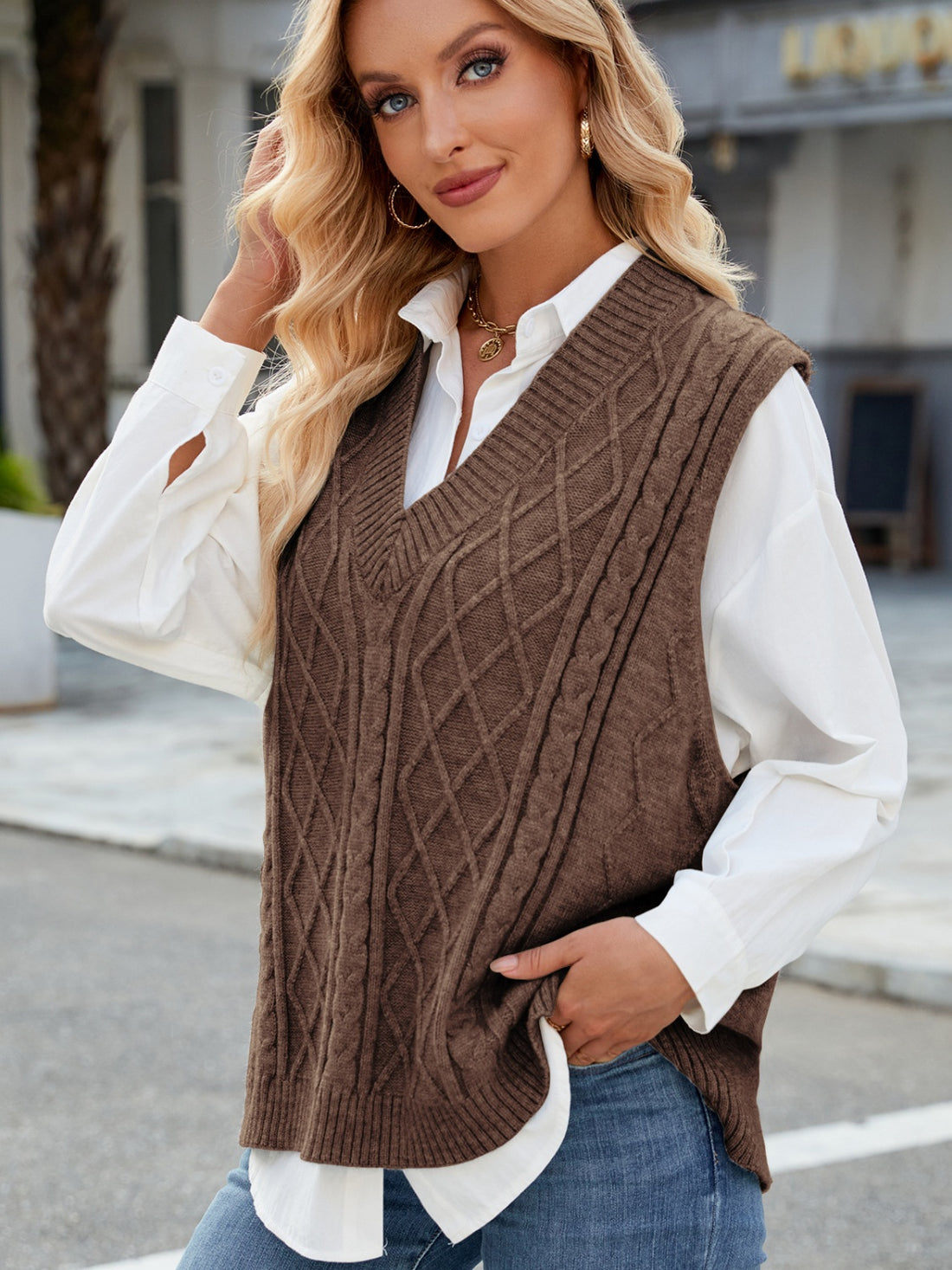 Cable Knit V-Neck Sweater Vest 