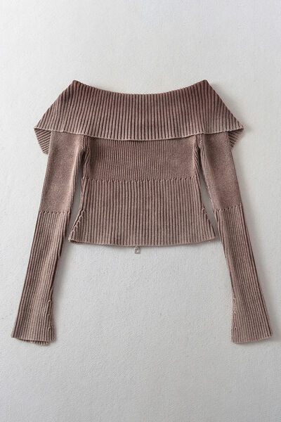 Double Take Ribbed Off-Shoulder Zip Up Long Sleeve Cardigan 