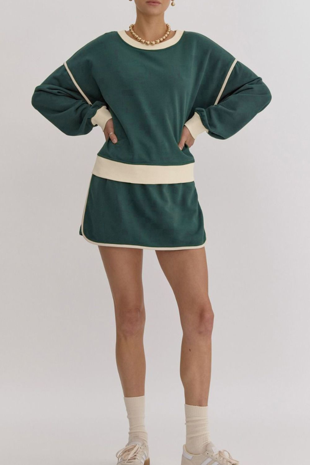 Contrast Trim Round Neck Top and Skort Set 