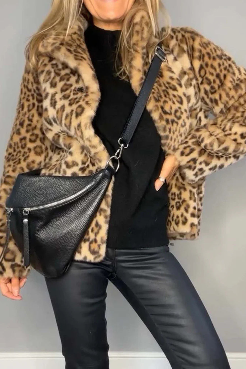 Full Size Leopard Furry Collared Neck Long Sleeve Coat 