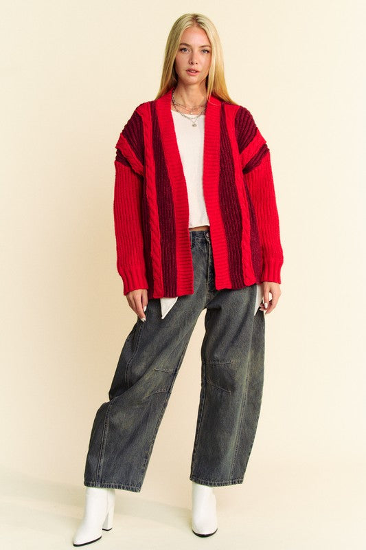 Davi & Dani Cable-Knit Color Block Open Front Cardigan 