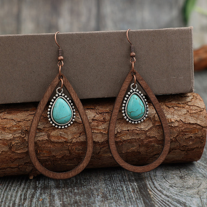 Wooden Turquoise Cutout Teardrop Earrings 