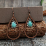 Wooden Turquoise Cutout Teardrop Earrings 