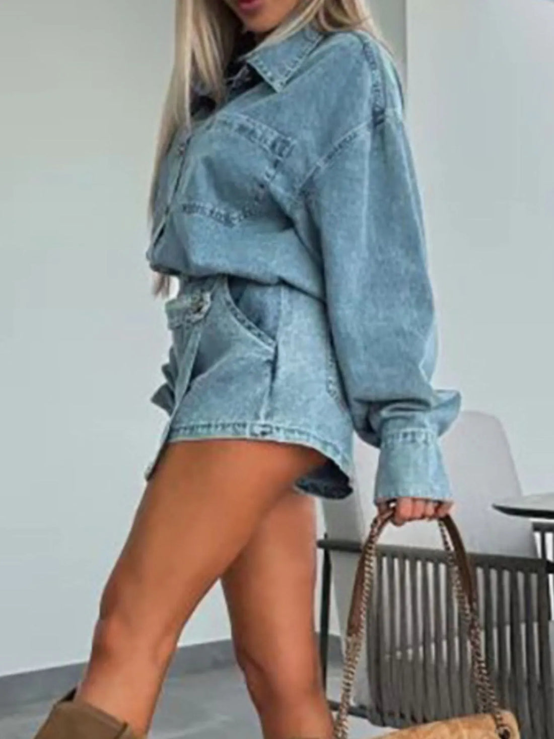 Button-Front Shirt and Mini Skirt Oversized Denim Set Two Piece Dresses