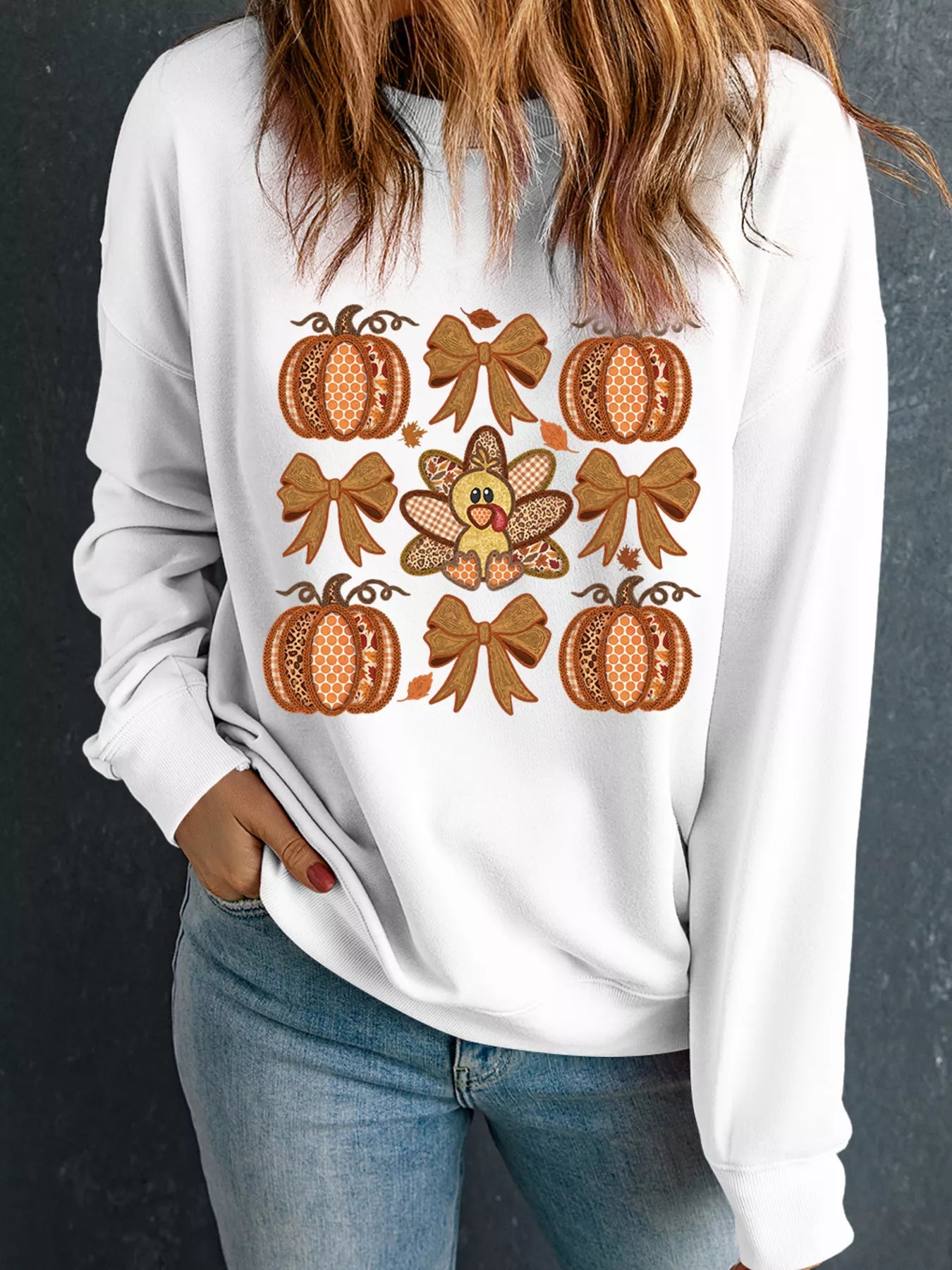 Halloween Pumpkin Bow Graphic Drop Shoulder Sweatshirt 