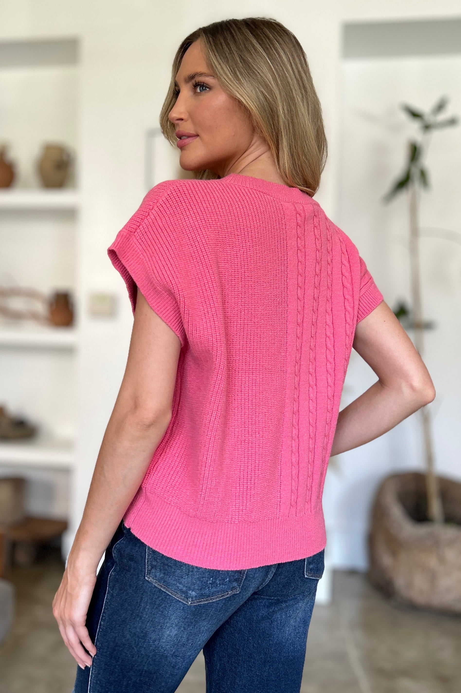Double Take Full Size Cable-Knit Round Neck Short Sleeve Sweater 