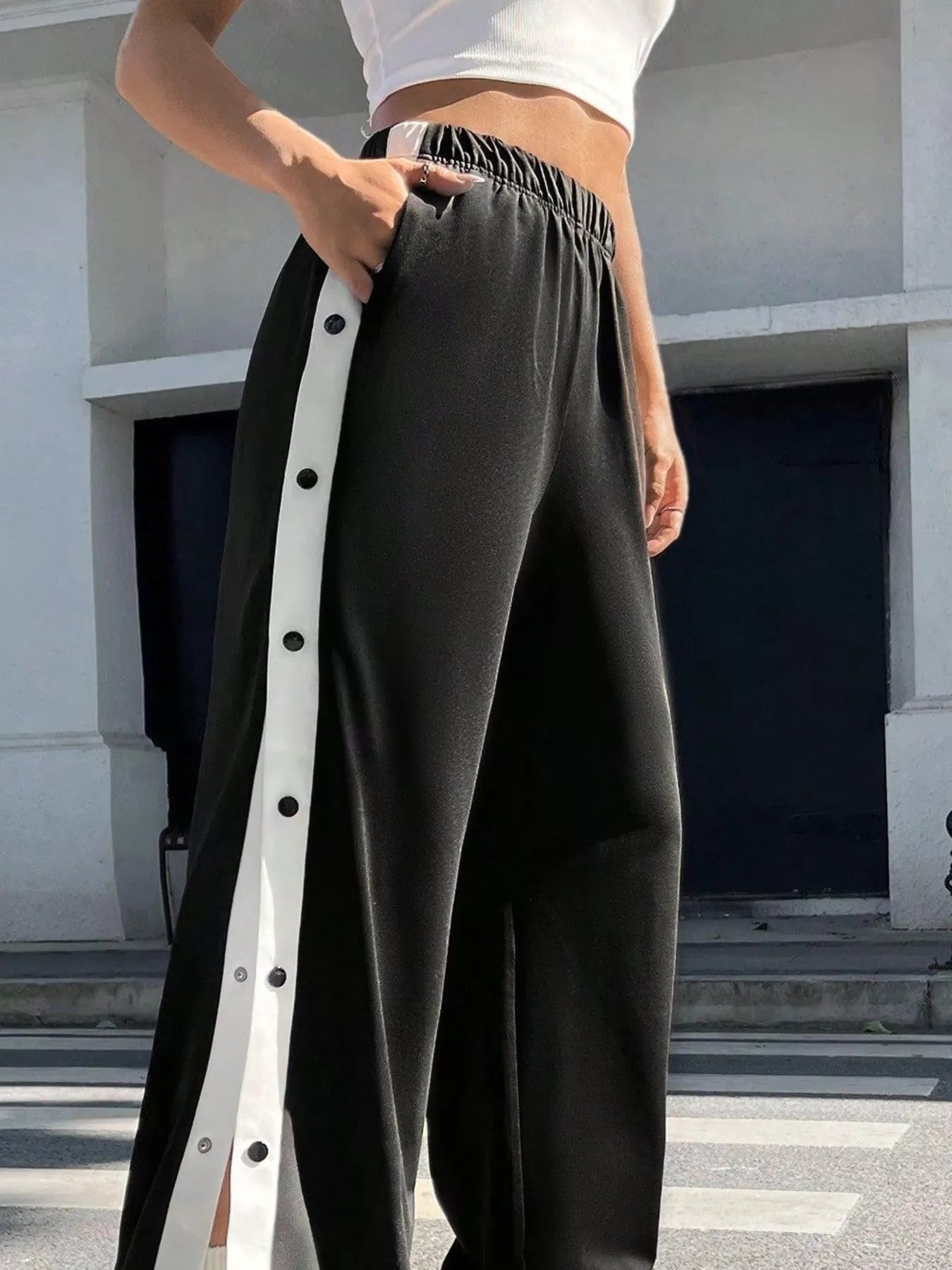 Two-Tone Side Snap Wide Leg Pants 