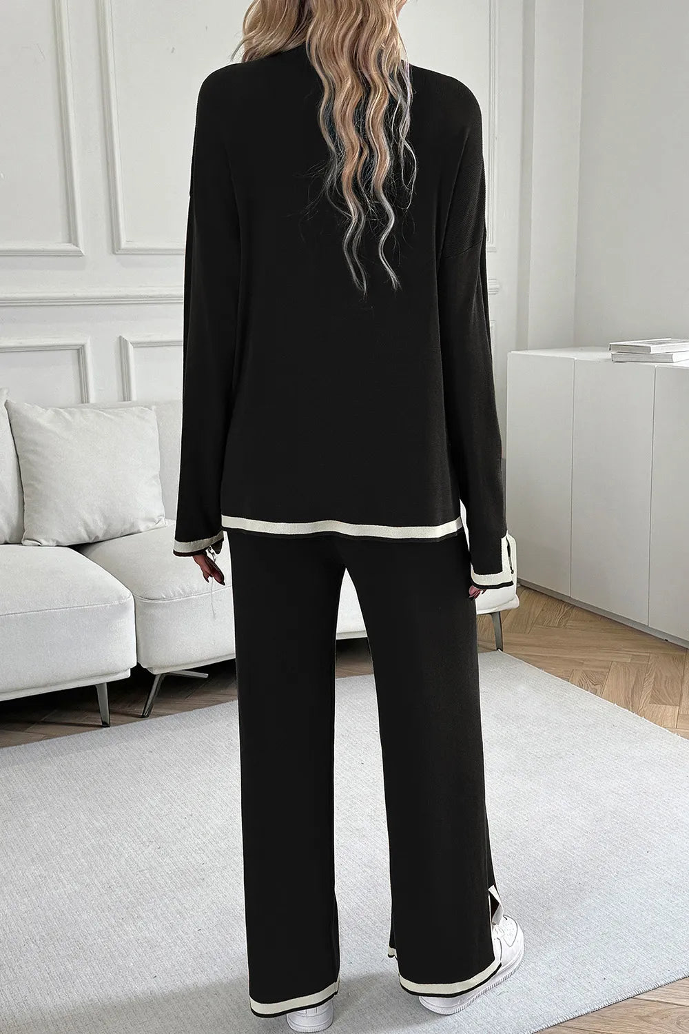 Devine Contrast Trim Round Neck Top and Pants Set 