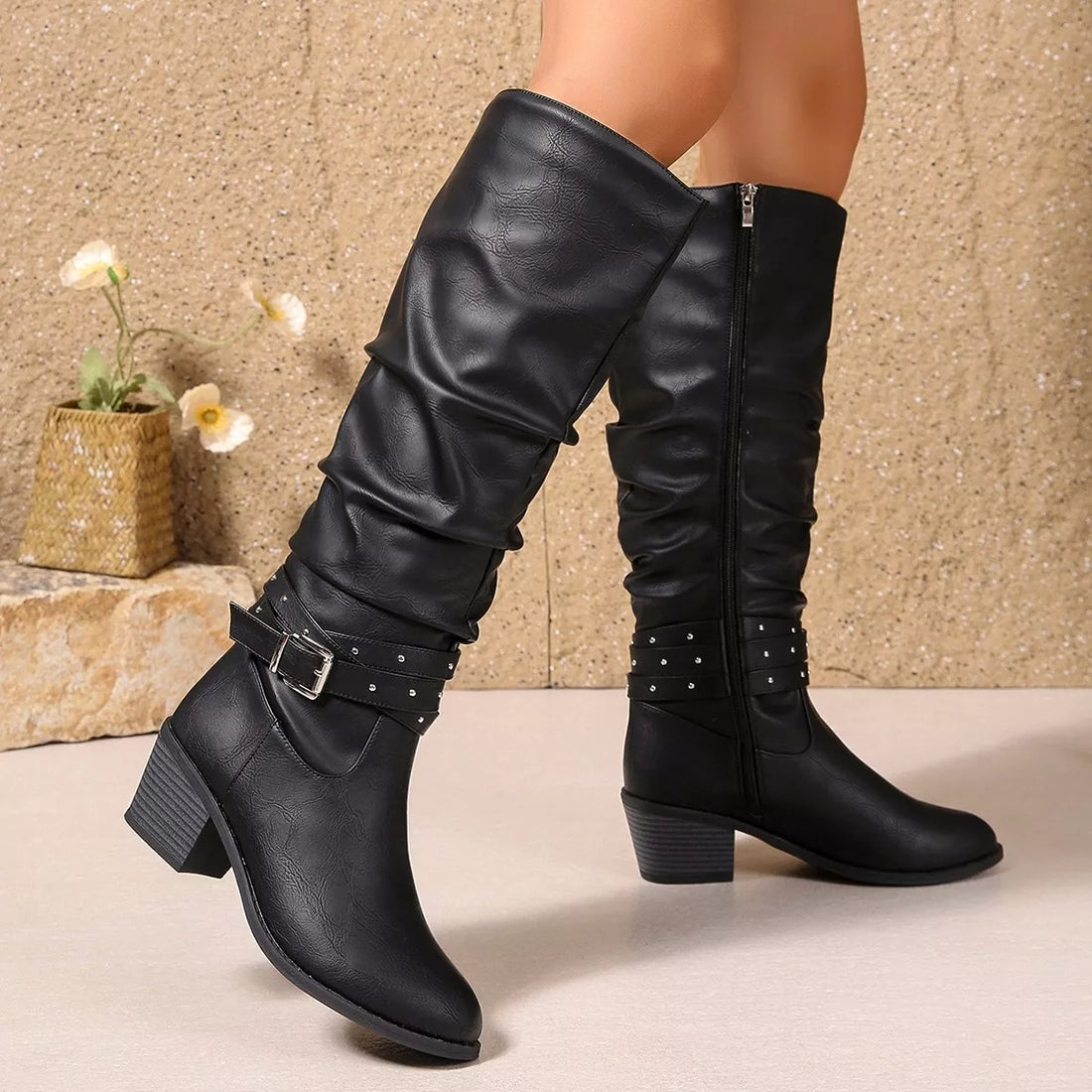 Round Toe Block Heels Boots 