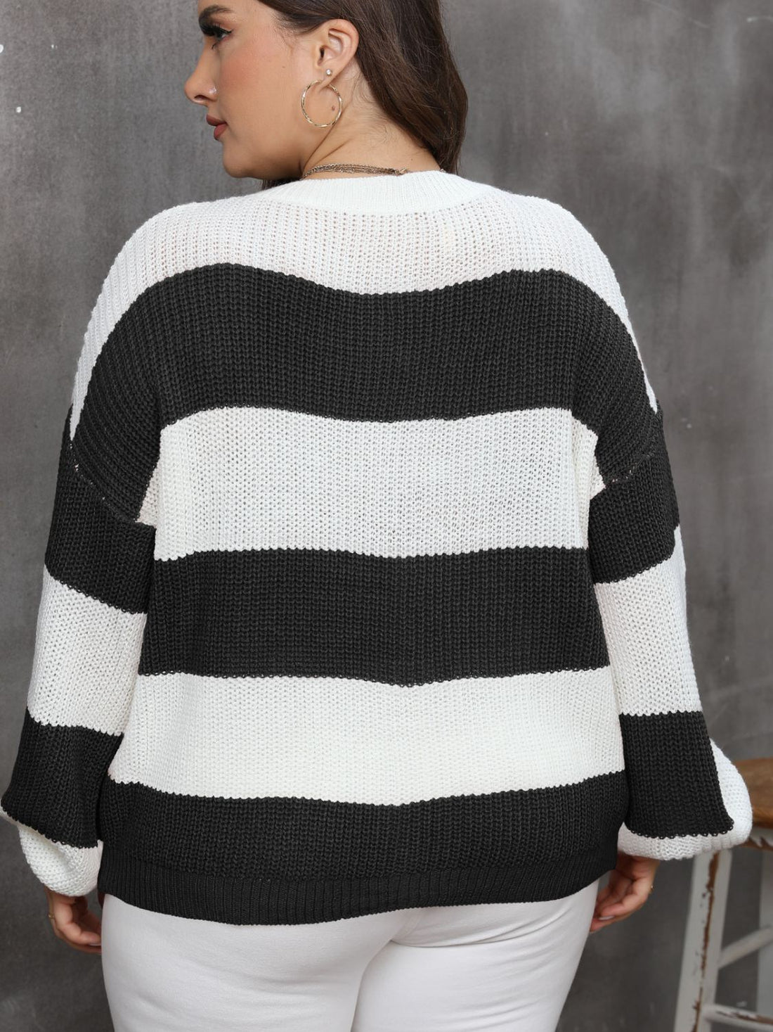 Plus Size Striped Round Neck Long Sleeve Sweater 