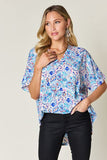 Double Take Full Size Printed V-Neck Short Sleeve Blouse 
