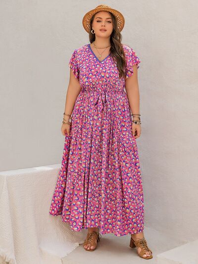 Plus Size Printed V-Neck Flutter Sleeve Tie Waist Maxi Dress Dresses